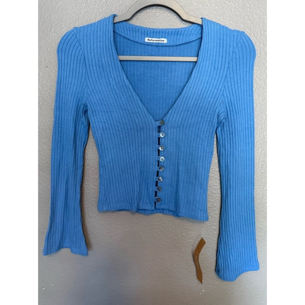 Reformation NWT Blue Ribbed Button Front Knit Top Wide Collar Cardigan XXS